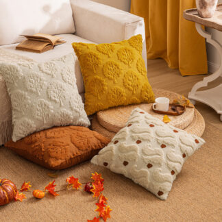 Fall Leaf & Squirrel Embroidered Plush Pillow Cover – Cozy Thanksgiving Décor