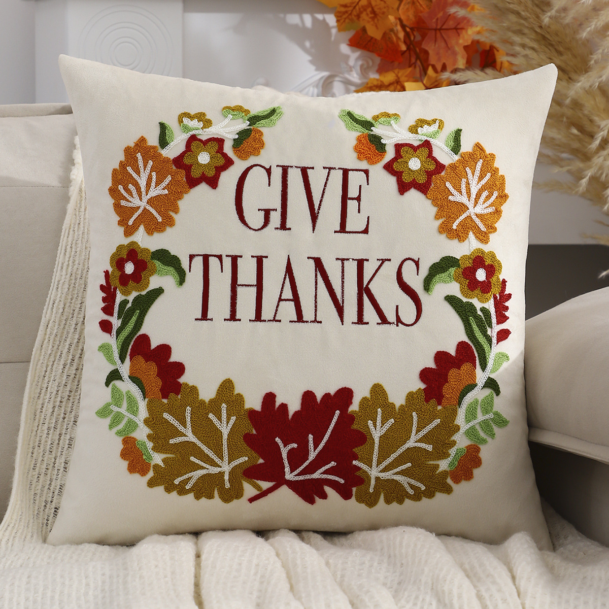 Velvet Fall Pillow Cover with Embroidered Maple Leaf & Pumpkin Design - Image 4