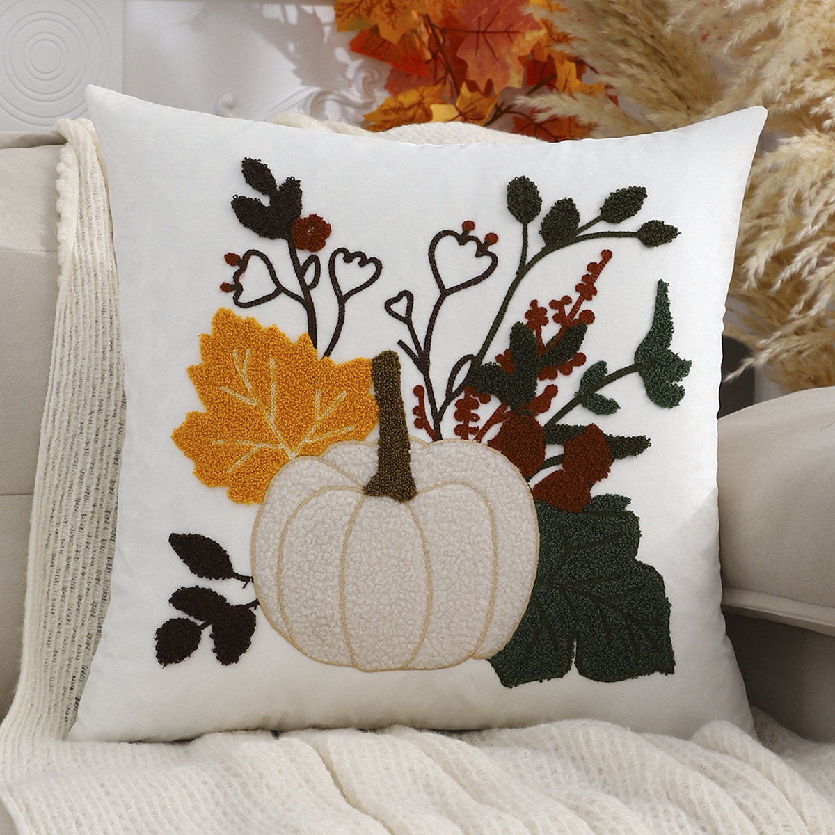 Velvet Fall Pillow Cover with Embroidered Maple Leaf & Pumpkin Design - Image 2