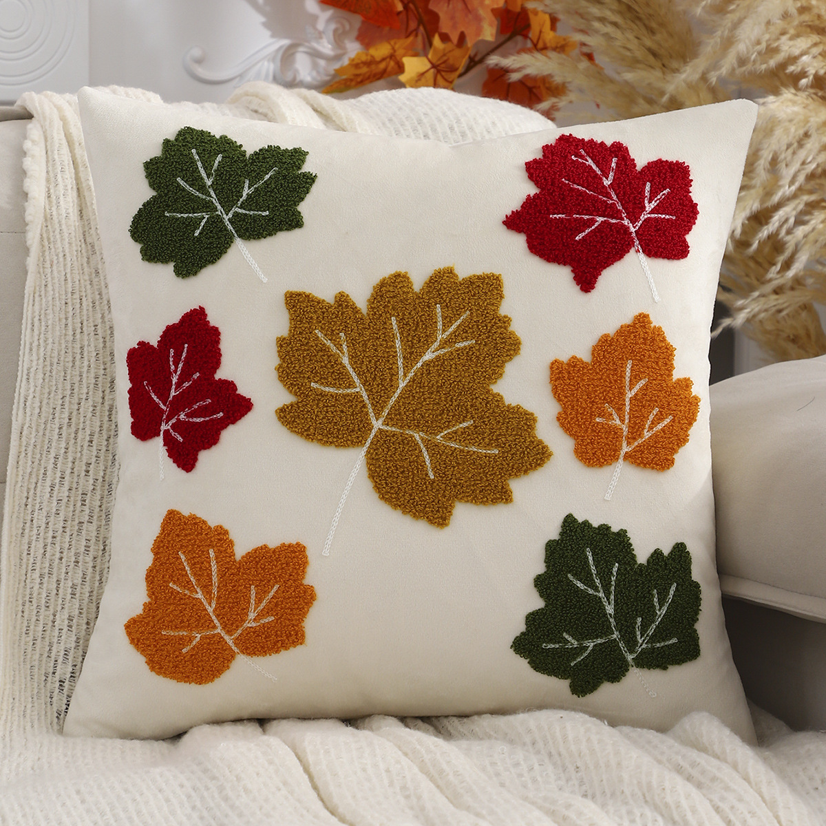 Velvet Fall Pillow Cover with Embroidered Maple Leaf & Pumpkin Design - Image 3