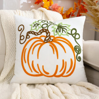 Velvet Pumpkin Throw Pillow Cover with Pumpkin Embroidery