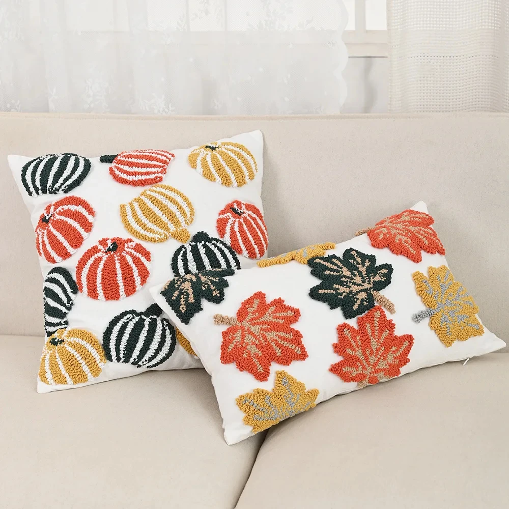 Retro Embroidered Pumpkin Maple Leaf Cushion Cover – Fall Inspired Pillowcase - Image 2