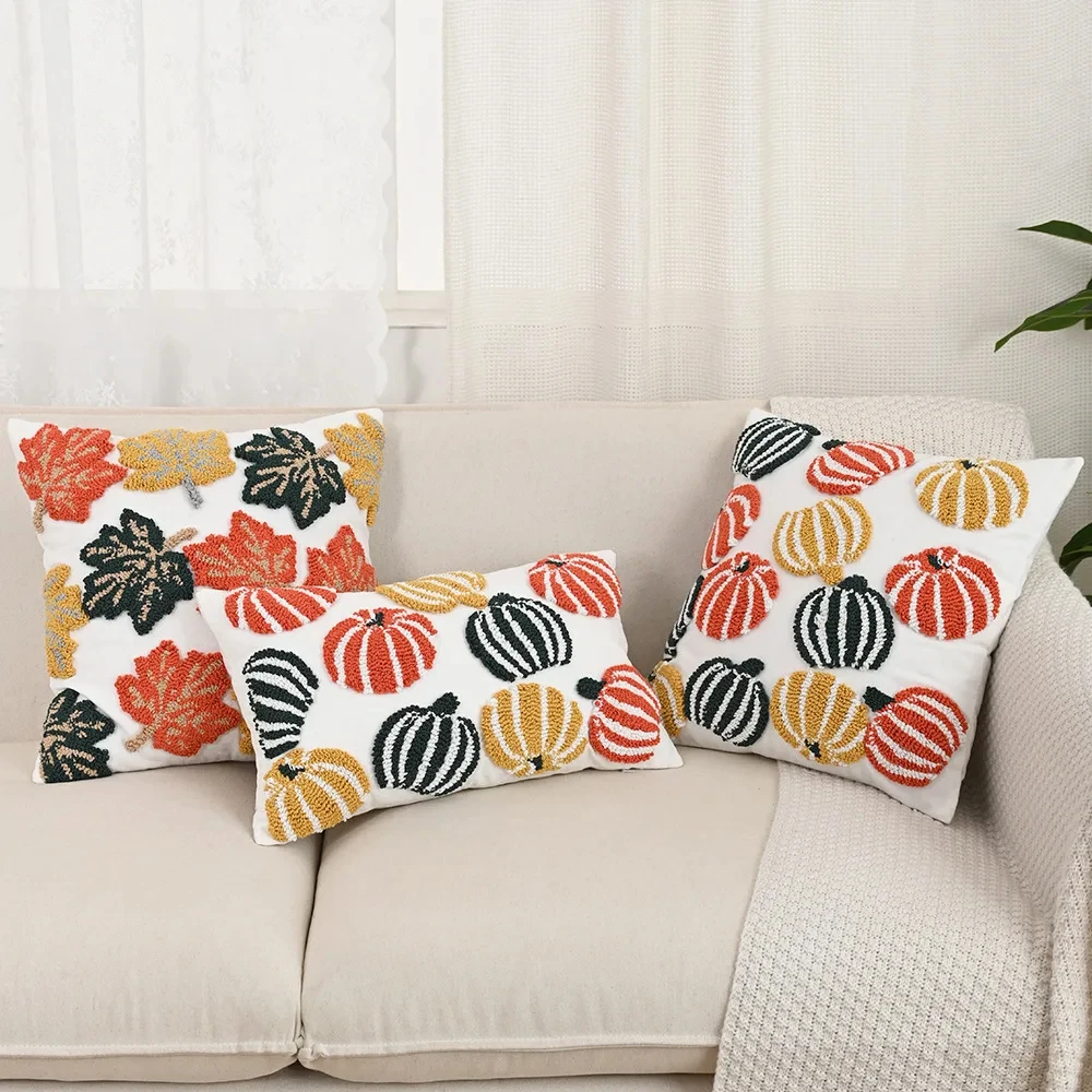 Retro Embroidered Pumpkin Maple Leaf Cushion Cover – Fall Inspired Pillowcase