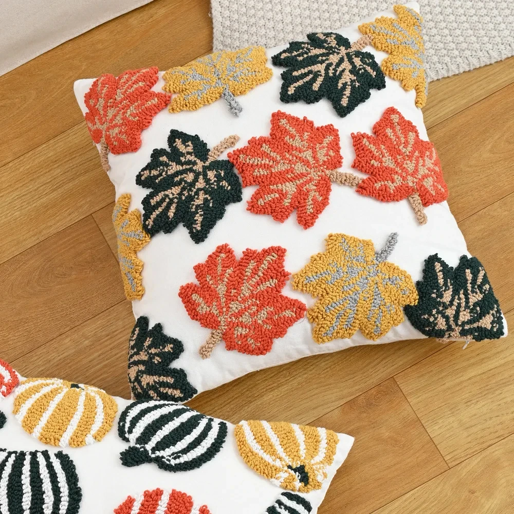 Retro Embroidered Pumpkin Maple Leaf Cushion Cover – Fall Inspired Pillowcase - Image 4