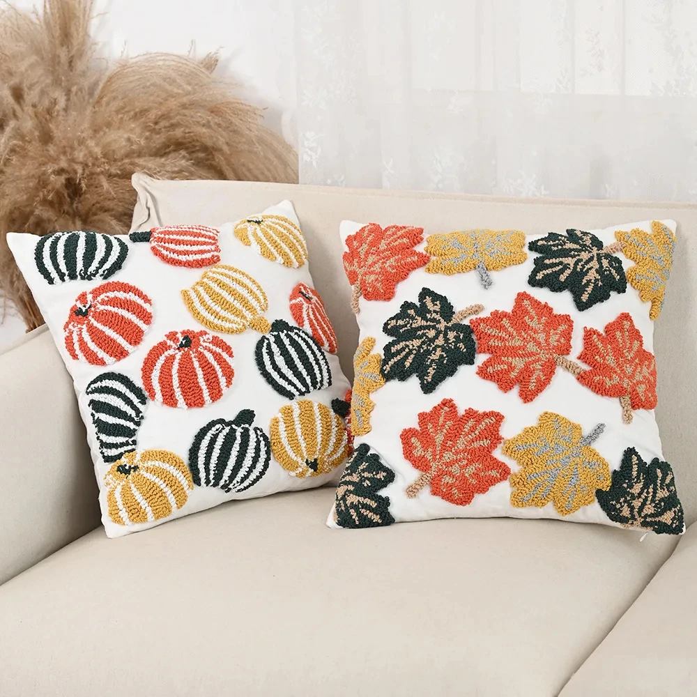 Retro Embroidered Pumpkin Maple Leaf Cushion Cover – Fall Inspired Pillowcase - Image 3