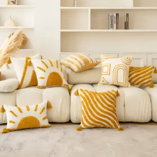Boho Golden Sun Velvet Throw Pillow Cover with Fringe – 12x20/18x18 Inch