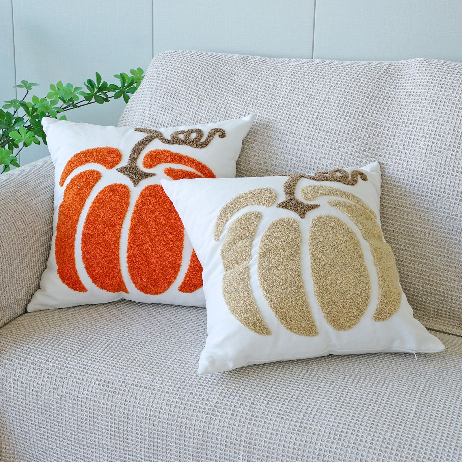 Embroidered Pumpkin Cotton Pillow Cover – 18x18in Autumn Cushion Case - Image 3