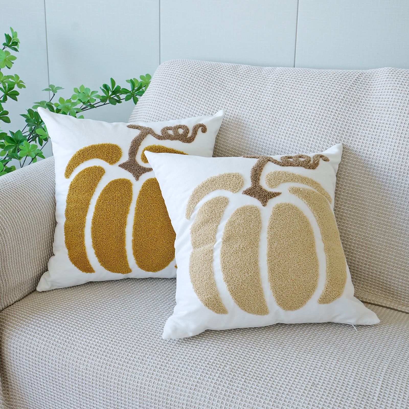 Embroidered Pumpkin Cotton Pillow Cover – 18x18in Autumn Cushion Case - Image 2