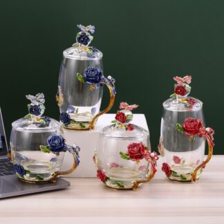 Elegant Enamel Flower Glass Mug with Lid