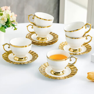 Luxury 8.5oz Ceramic Coffee Cup with Gold Rim & Saucer – Elegant Tea & Latte Mug