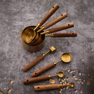 Gold Wooden Handle Stainless Steel Measuring Cups and Spoons Set