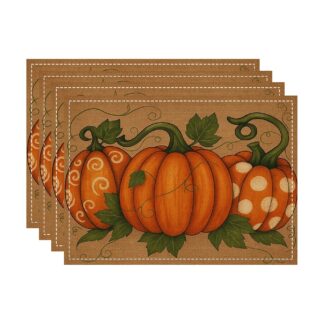 Autumn Harvest Linen Placemats - Pumpkin Leaf & Turkey Design (Set of 4/6/8)