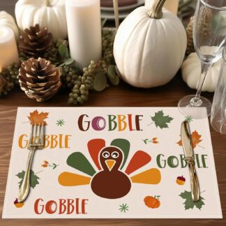 Thanksgiving Turkey Placemats with Autumn Maple Leaves – Washable Table Mats