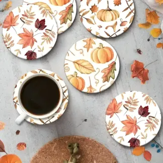 Golden Pumpkin Leaf Wooden Coasters Set – Autumn Harvest Home Décor (6pcs)