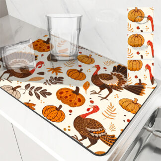 Thanksgiving Turkey Pumpkin Absorbent Drying Mat – Non-Slip Kitchen Counter Pad