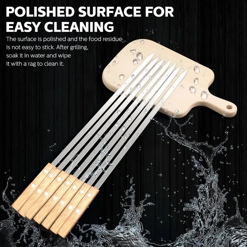 21-Inch Stainless Steel BBQ Kebab Skewers with Wooden Handle - Image 3