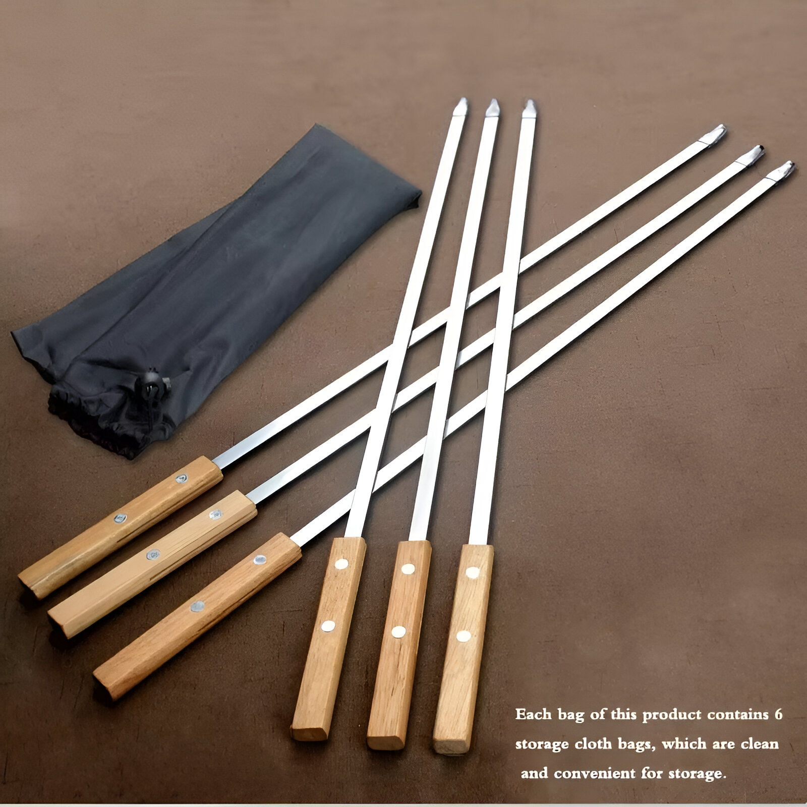 21-Inch Stainless Steel BBQ Kebab Skewers with Wooden Handle - Image 2