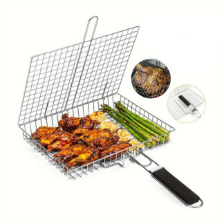 Folding Stainless Steel BBQ Grill Basket with Handle for Fish, Vegetables & Shrimp