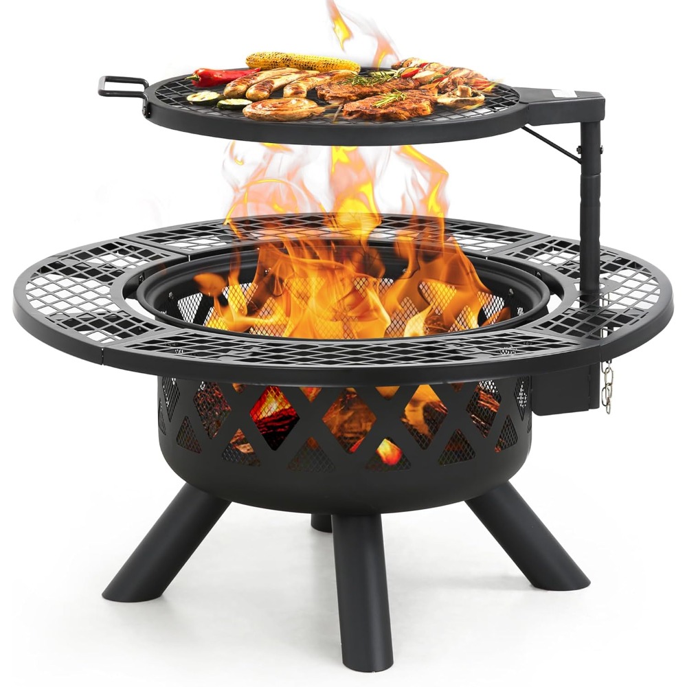 32-Inch Outdoor Fire Pit with Grill and Poker