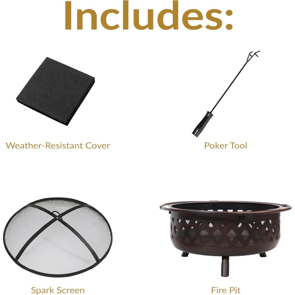36-Inch Bronze Crossweave Outdoor Fire Pit with Screen & Cover - Image 7
