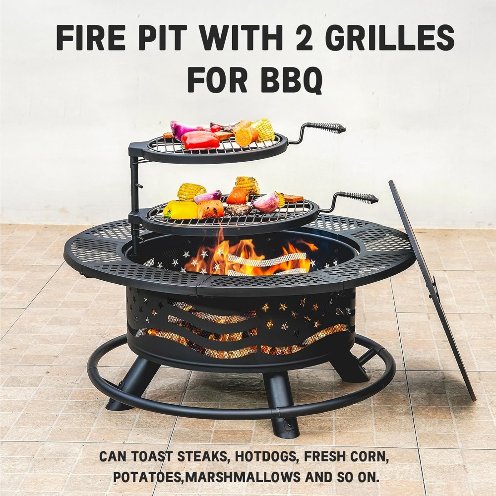 36" Outdoor Fire Pit with Dual Cooking Grates & Tabletop Lid - Image 2