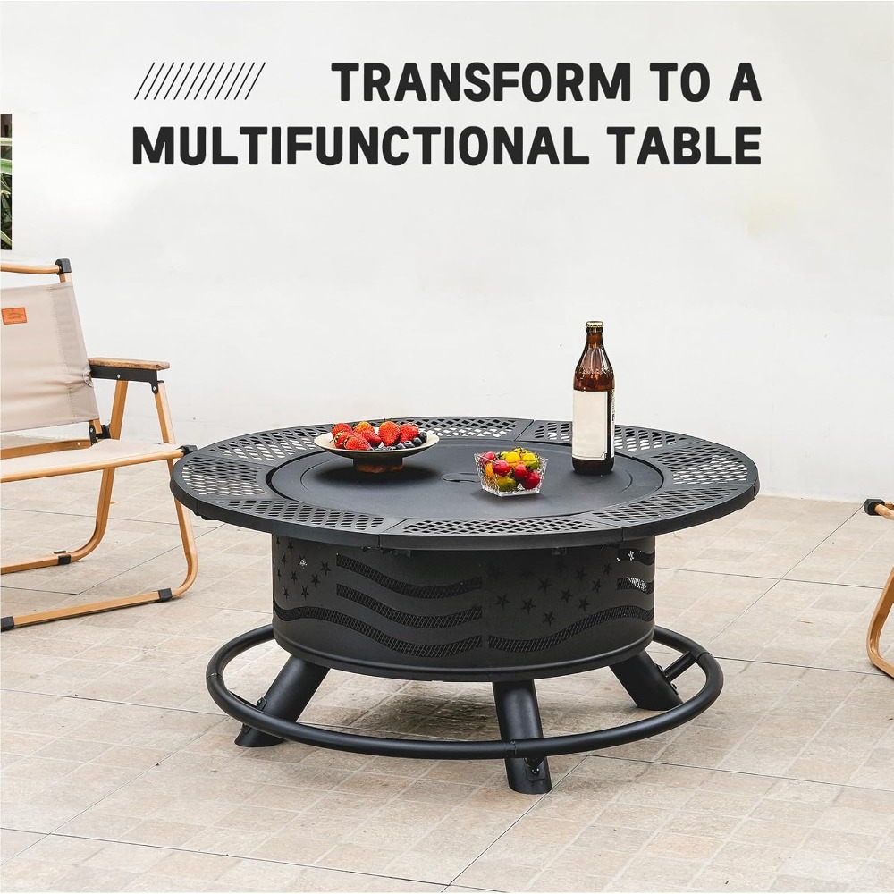 36" Outdoor Fire Pit with Dual Cooking Grates & Tabletop Lid - Image 4