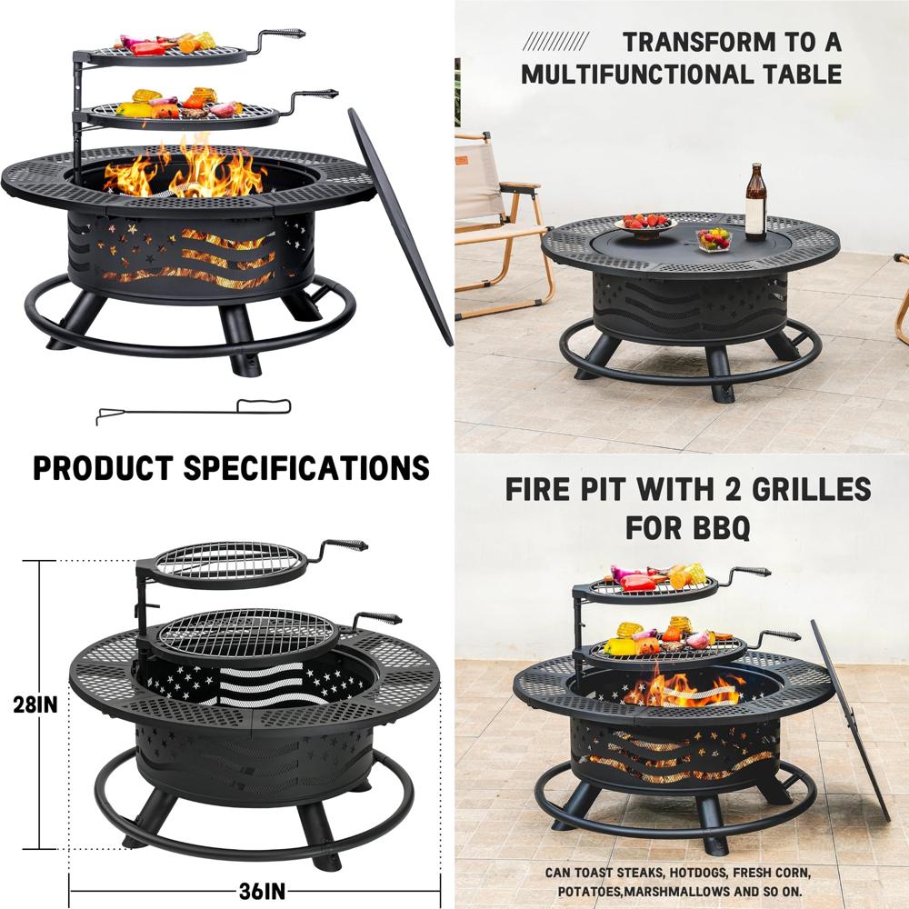 36" Outdoor Fire Pit with Dual Cooking Grates & Tabletop Lid - Image 6