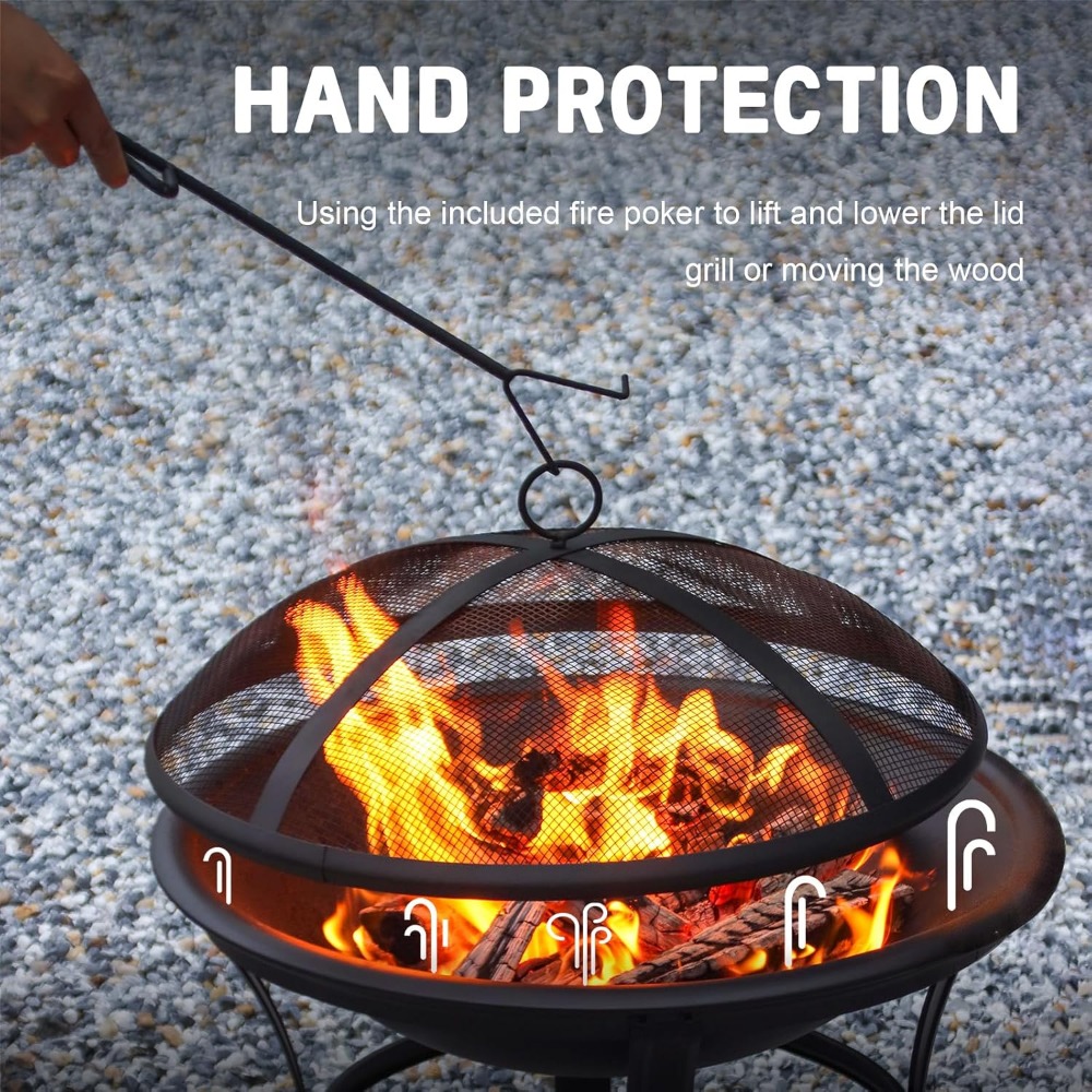 22-Inch Outdoor Fire Pit with Mesh Lid & Fire Poker - Image 5