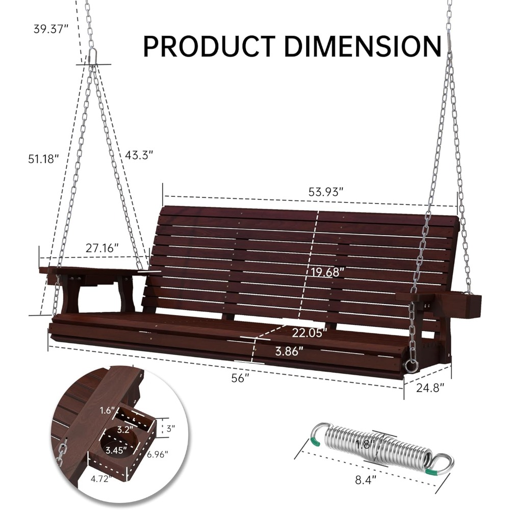 3-Seater Wooden Porch Swing - Comfortable Heavy Duty Swing Chair - Image 6