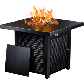 28-Inch Outdoor Propane Fire Pit Table, 50,000 BTU Gas Fire Pit with Lid & Lava Rocks
