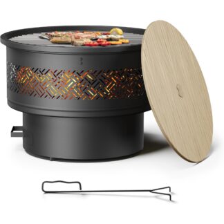 26-Inch Outdoor Fire Pit Table with Grill, Lid & Poker – 3-in-1 Wood Burning Firepit