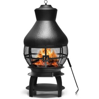 Outdoor Cast Iron Chiminea Fire Pit with 360° Mesh & Fire Poker for Patio