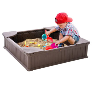 Outdoor Kids Sandbox with Cover and Corner Seats – Square Sand Pit with Bottom Liner
