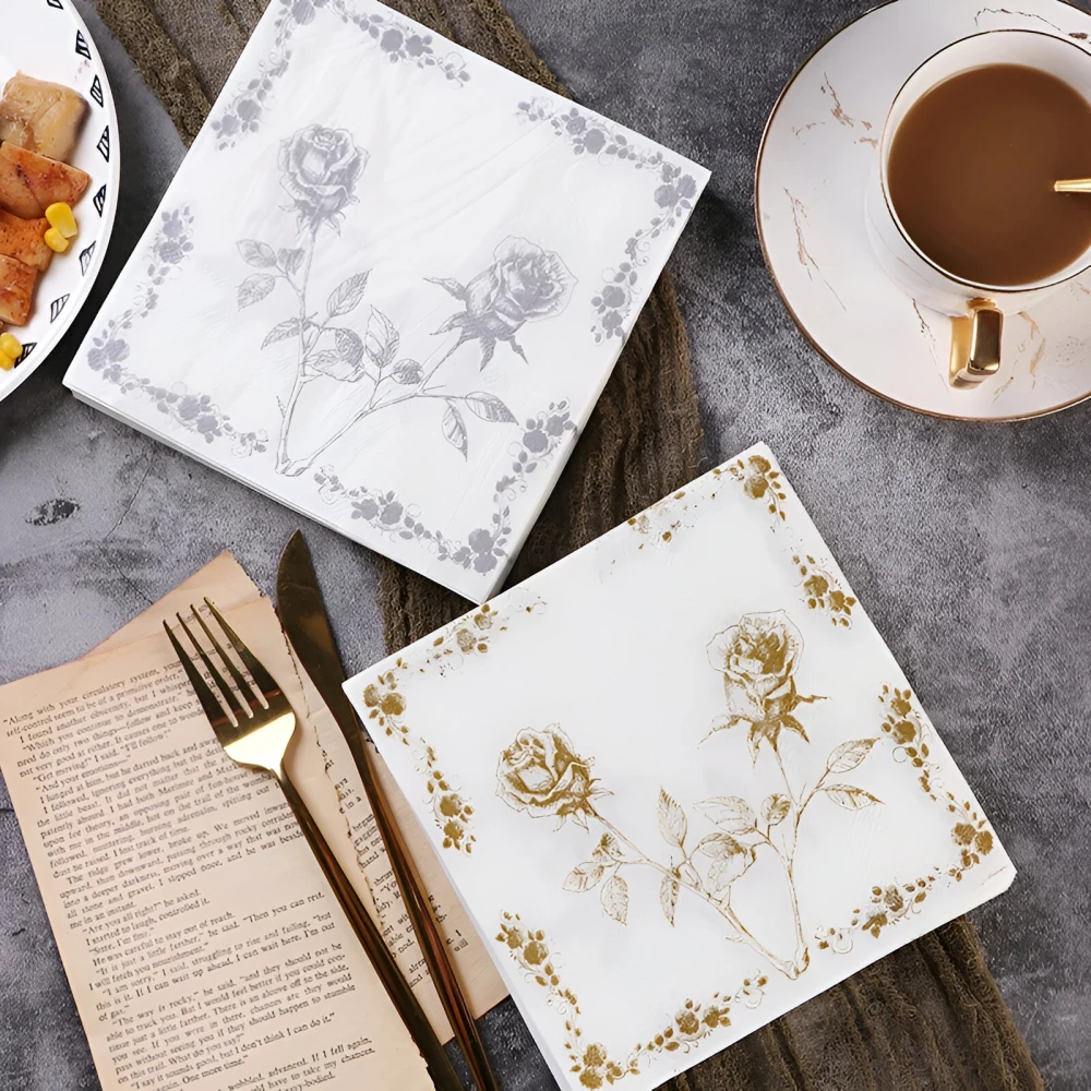 Elegant Gold & Silver Rose Paper Napkins – 20pcs Party Set - Image 2