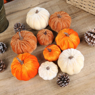 Velvet Artificial Pumpkins Set – 9pcs Mixed Sizes for Fall Décor