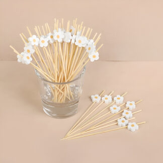 100Pcs White Daisy Bamboo Food Picks – Party & Dessert Decoration Forks
