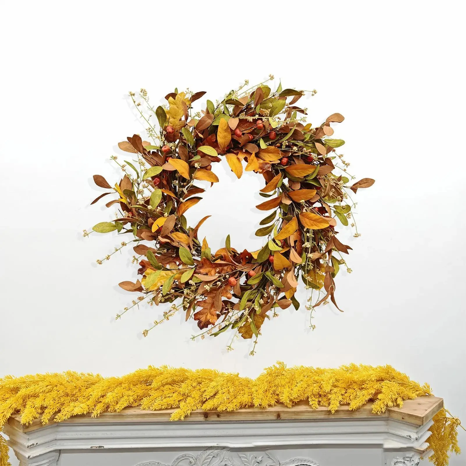 Autumn Harvest Wreath with Pumpkins, Berries & Fall Leaves - Image 2