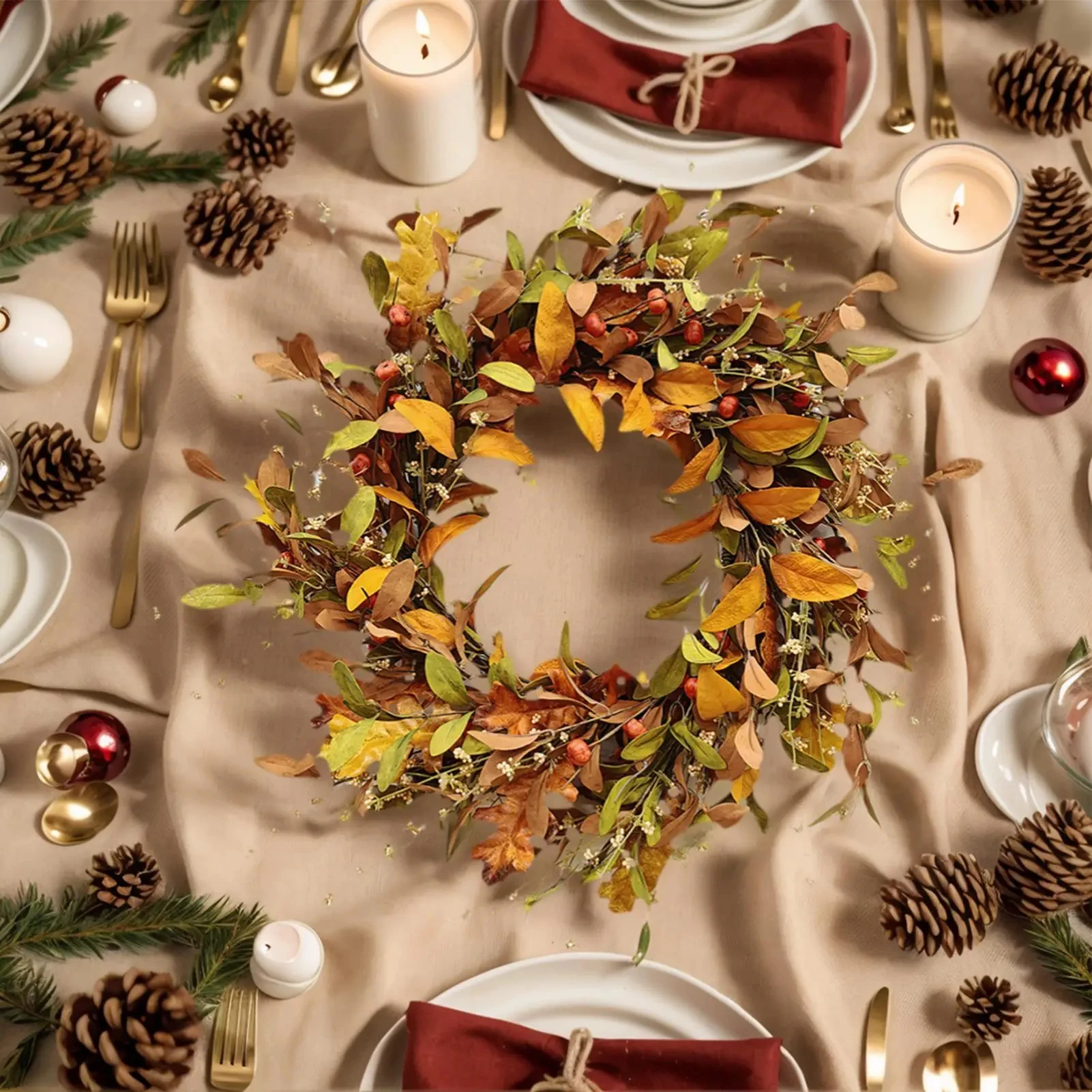 Autumn Harvest Wreath with Pumpkins, Berries & Fall Leaves