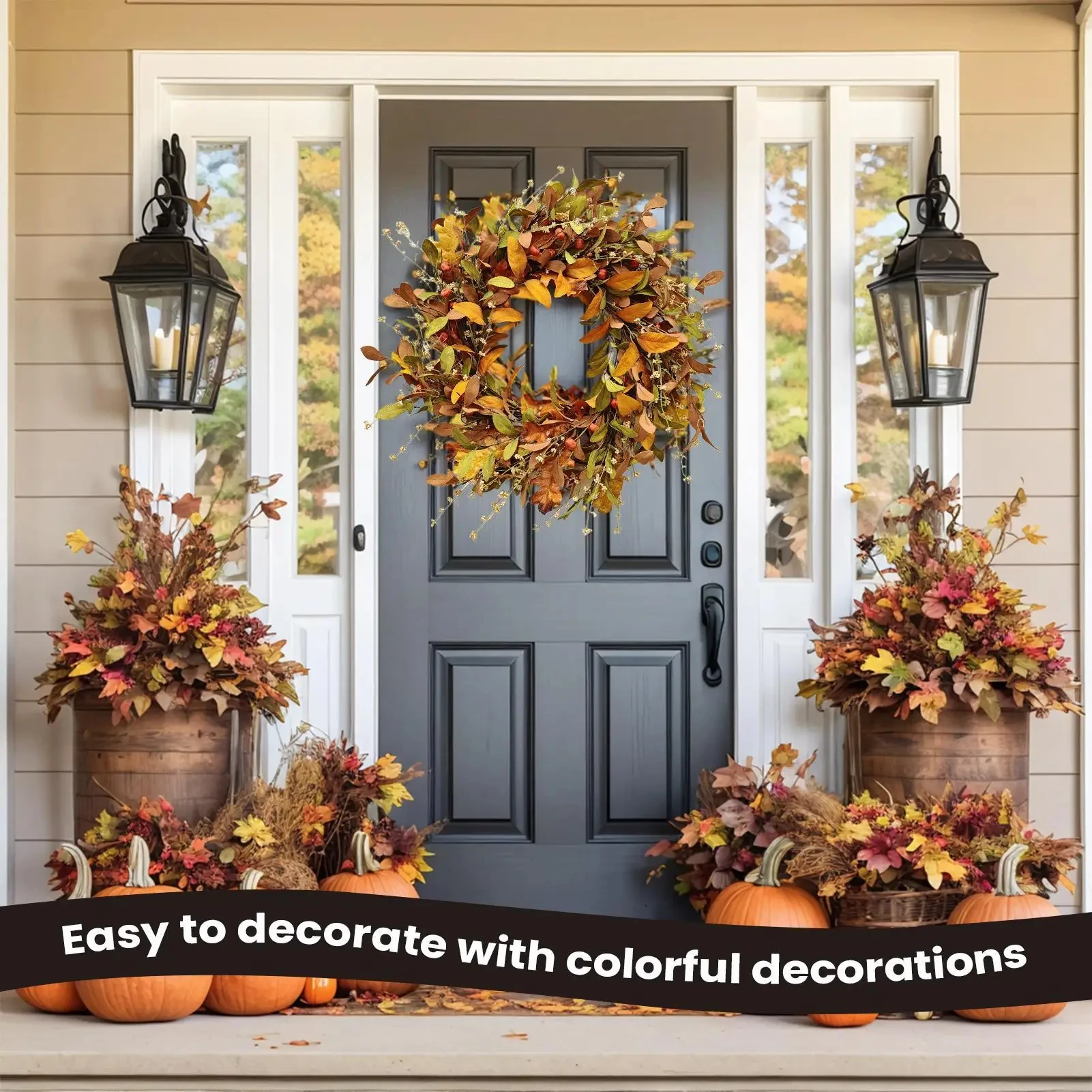 Autumn Harvest Wreath with Pumpkins, Berries & Fall Leaves - Image 5