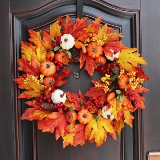 Vibrant Fall Wreath with Pumpkins and Maple Leaves - Autumn Home Decor