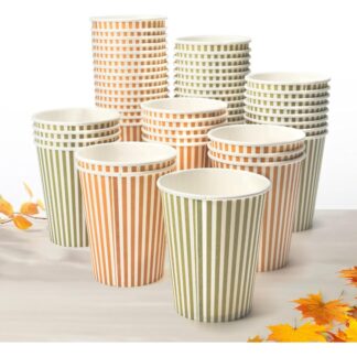 50-Pack Woodland Friends Paper Cups – Green & Orange Stripes, 9oz Party Cups
