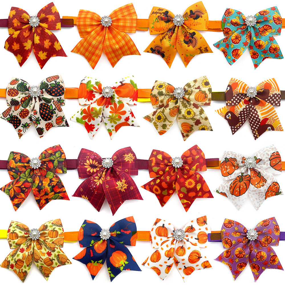 Fall Thanksgiving Dog Bow Ties – 50pcs Small Pet Grooming Accessories