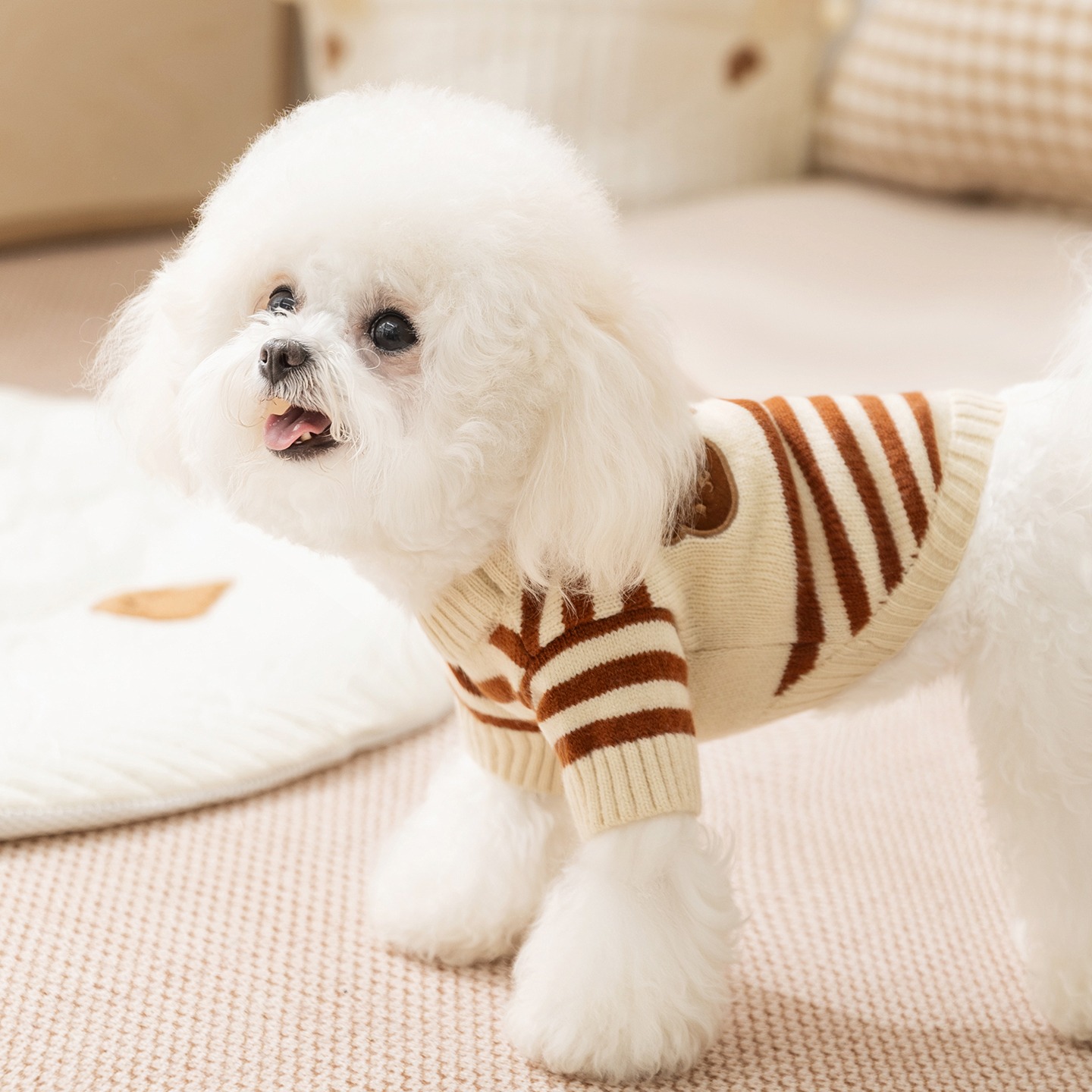 Brown Striped Cartoon Embroidered Pet Sweater - Cozy Dog Pullover - Image 4