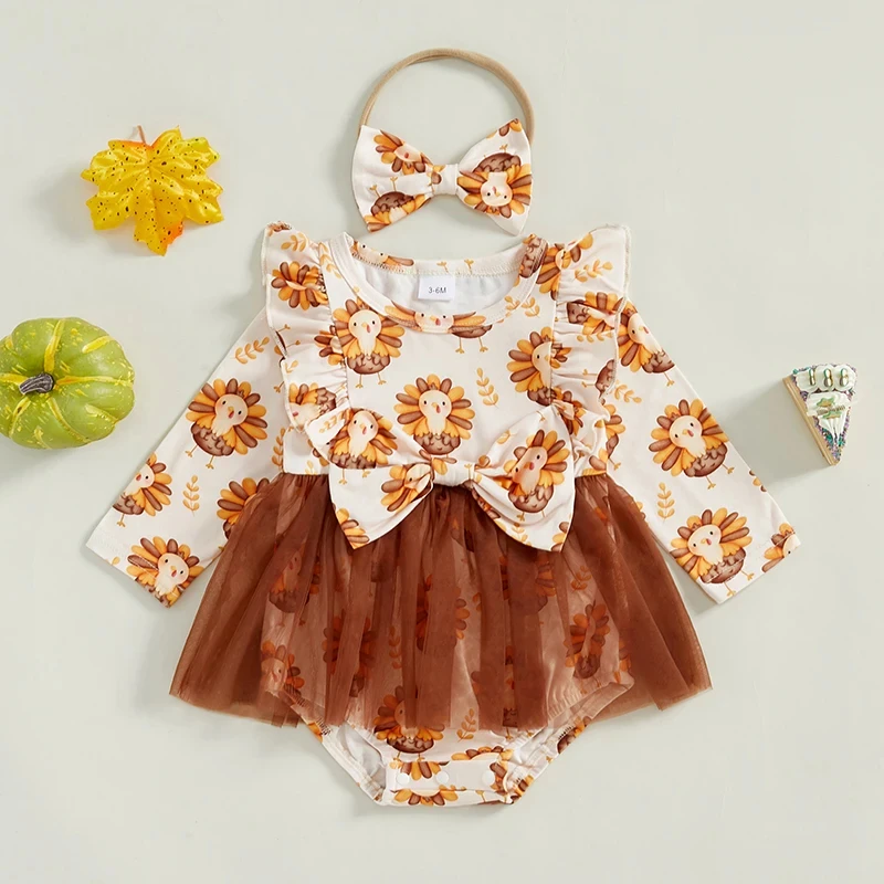Baby Girl Thanksgiving Turkey Print Romper Dress with Headband - Image 2