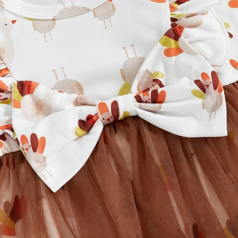 Baby Girl Thanksgiving Turkey Print Romper Dress with Headband - Image 5