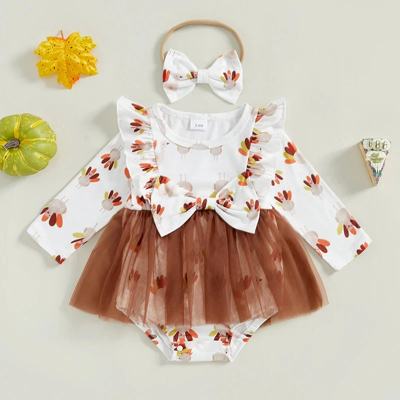 Baby Girl Thanksgiving Turkey Print Romper Dress with Headband - Image 3