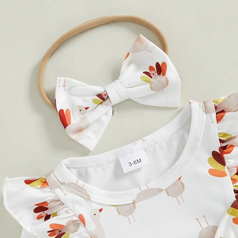 Baby Girl Thanksgiving Turkey Print Romper Dress with Headband - Image 4