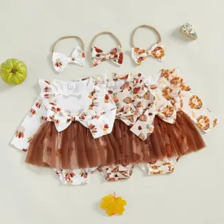 Baby Girl Thanksgiving Turkey Print Romper Dress with Headband
