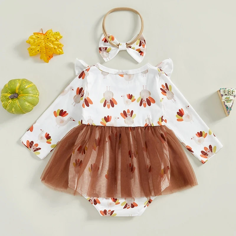 Baby Girl Thanksgiving Turkey Print Romper Dress with Headband - Image 6