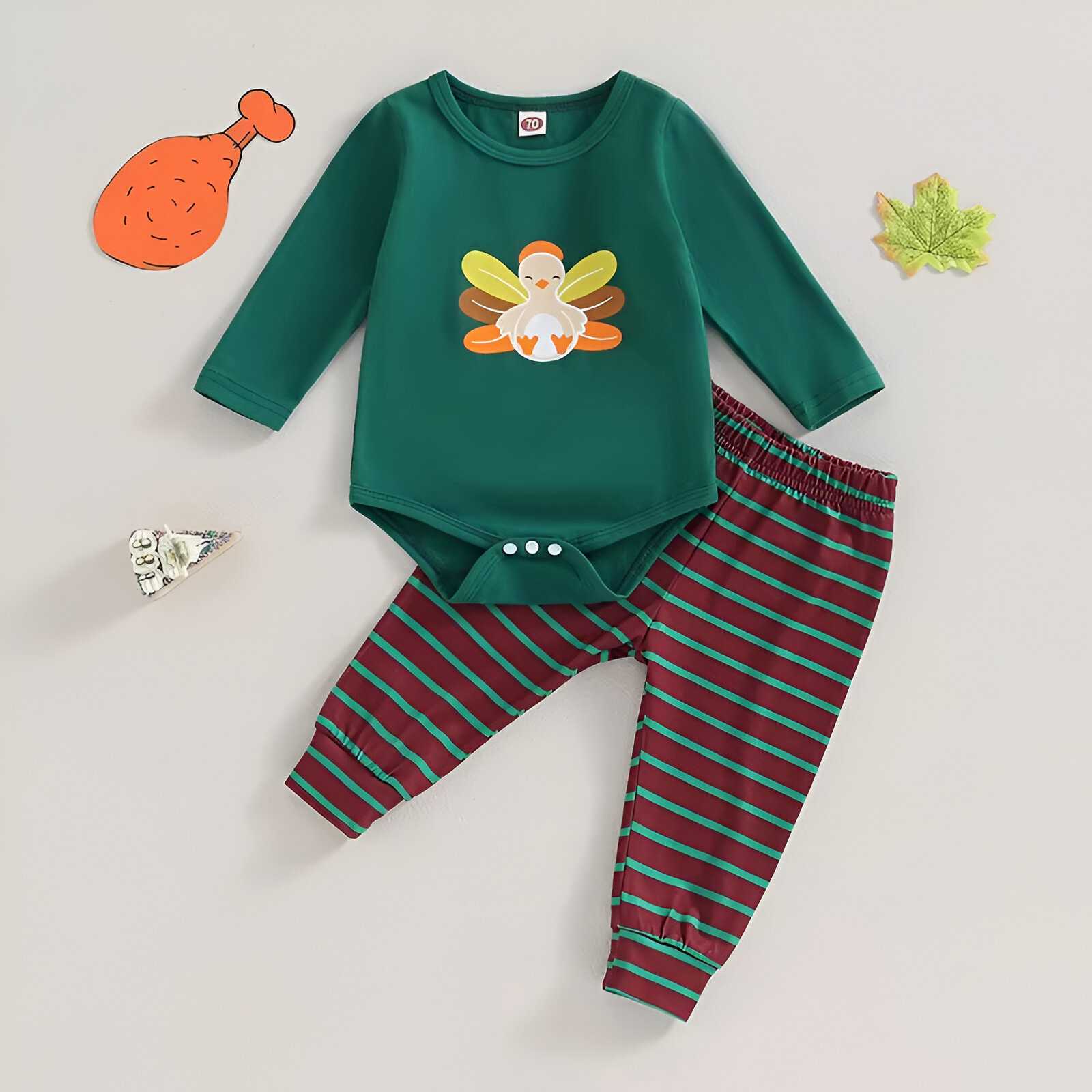 Thanksgiving Turkey Romper & Stripe Pants Set for Toddlers – 2Pcs Outfit